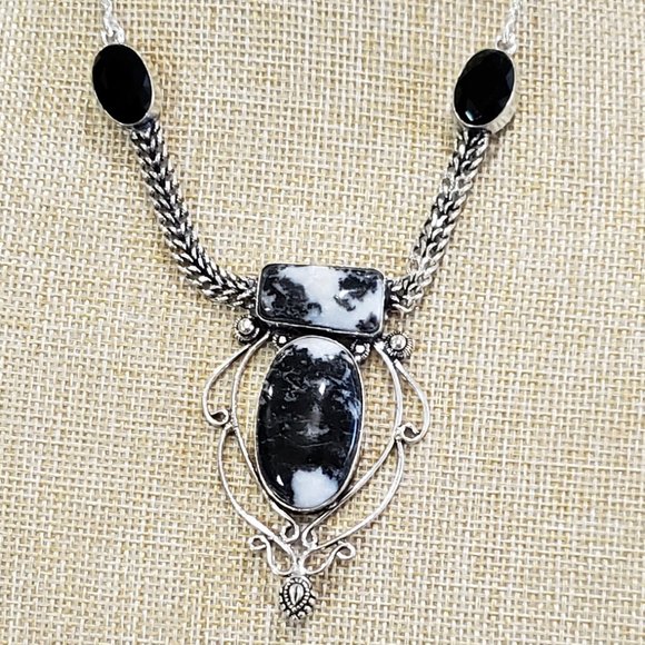 Hand Crafted Jewelry - White Buffalo Turquoise, Black Onyx gemstone, 925 silver necklace
